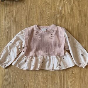 Zara Pink Layered Knit Vest Over Peplum Blouse - Kids Top